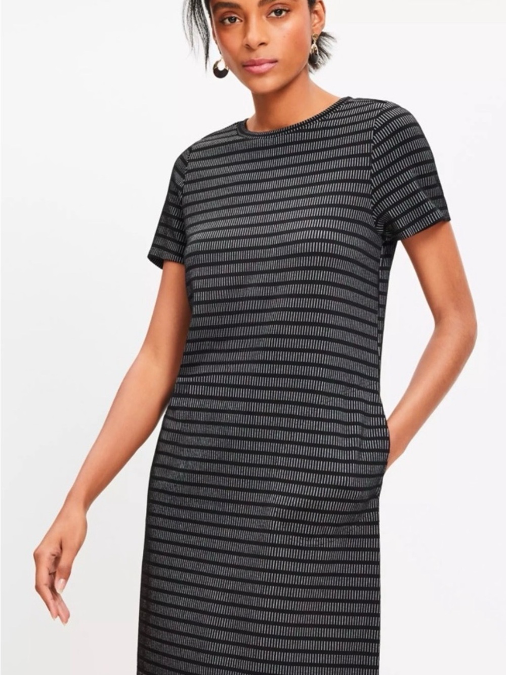 LOFT Black and Gray Striped Short-Sleeve Midi Dress